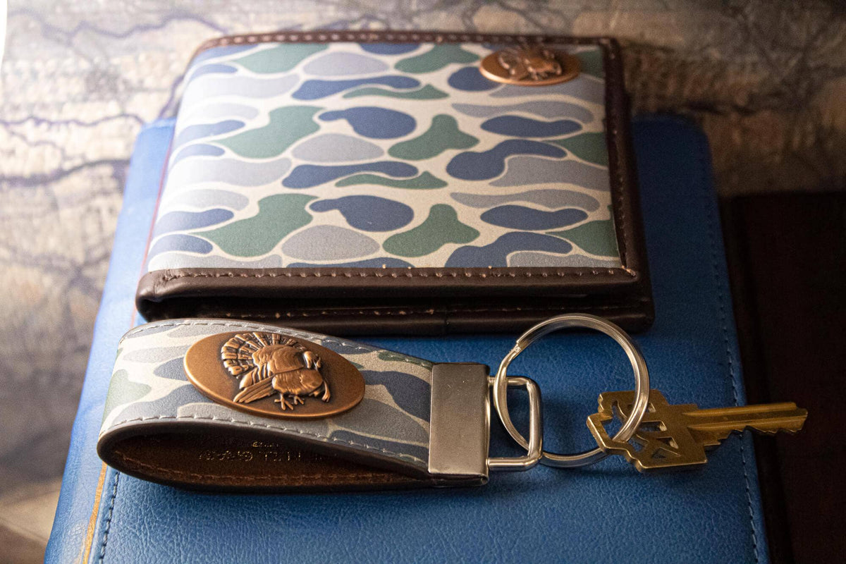 Turkey Hunting Old School Camo Leather Loop Keychain.