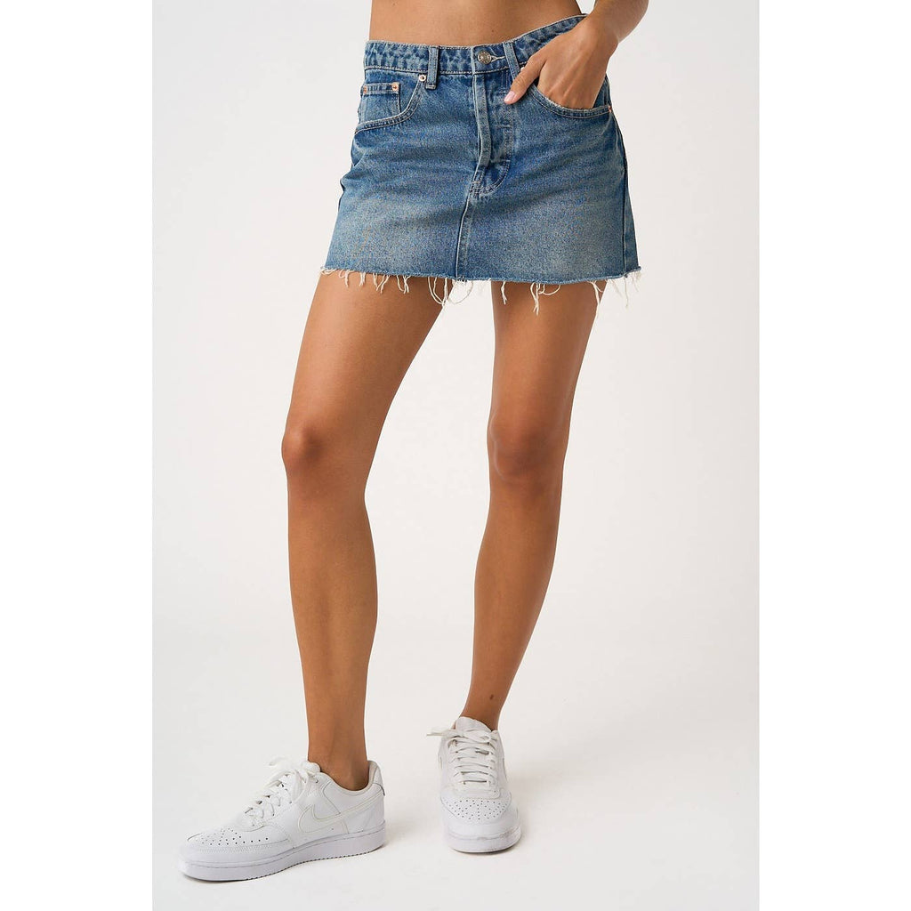 DISTRESSED HEM WASHED DENIM MINI SKORT WITH SHORTS