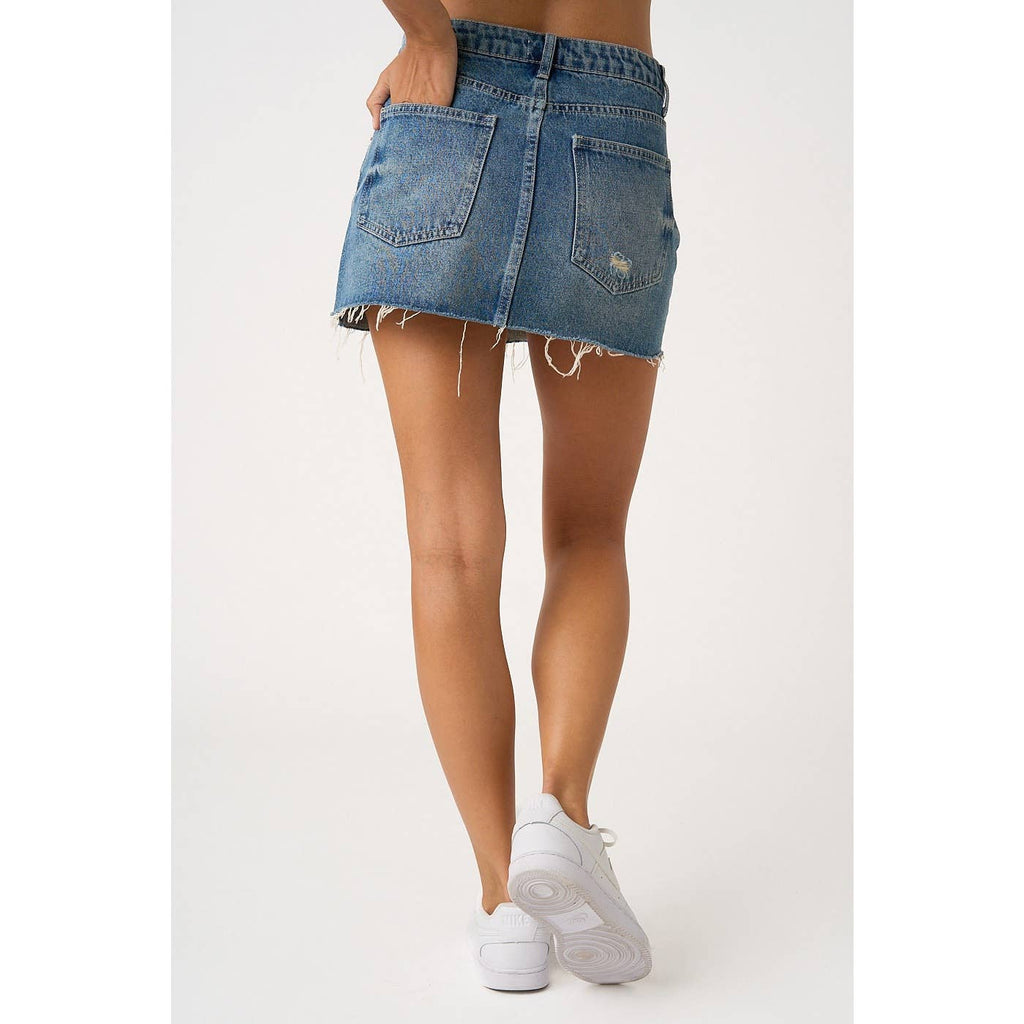 DISTRESSED HEM WASHED DENIM MINI SKORT WITH SHORTS