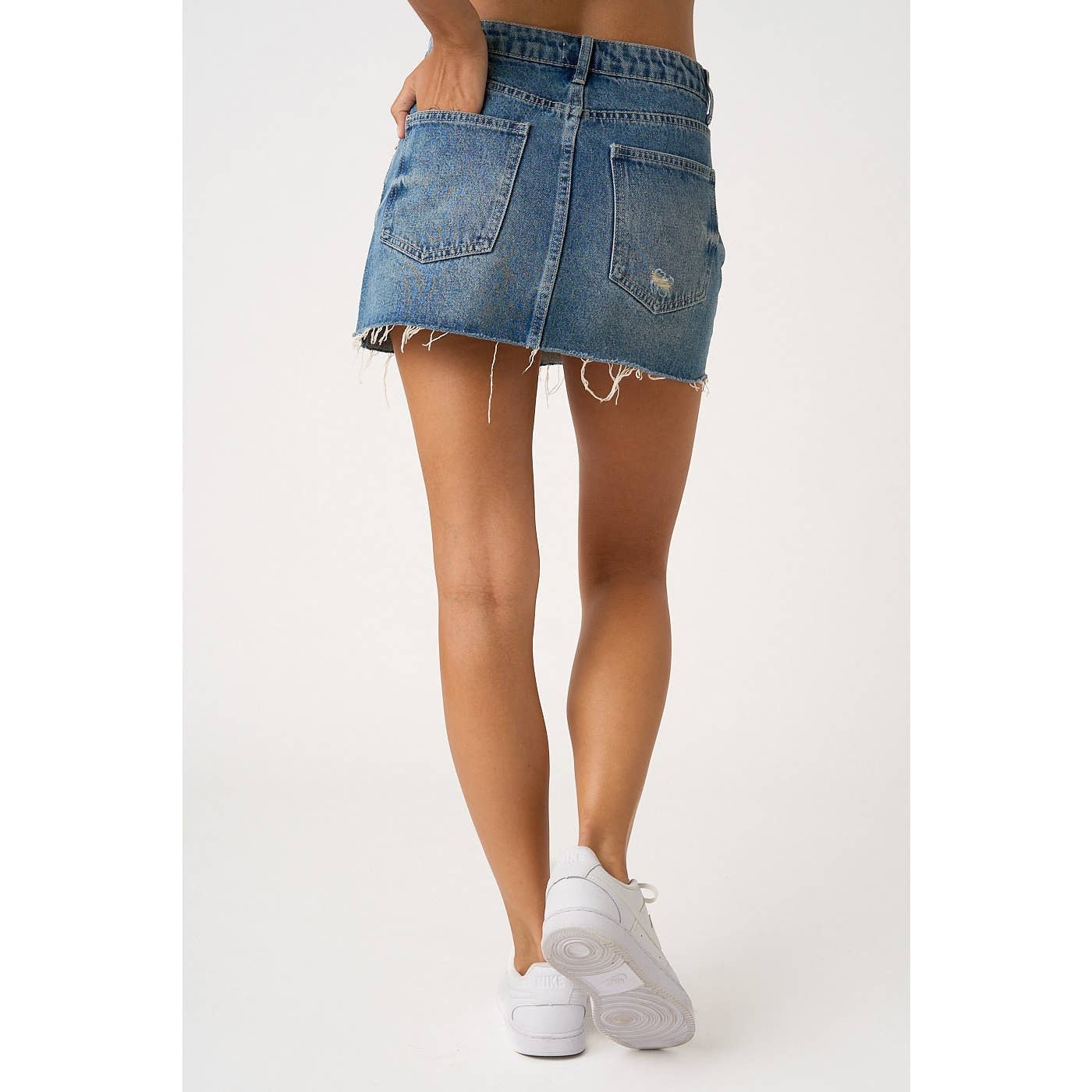 DISTRESSED HEM WASHED DENIM MINI SKORT WITH SHORTS