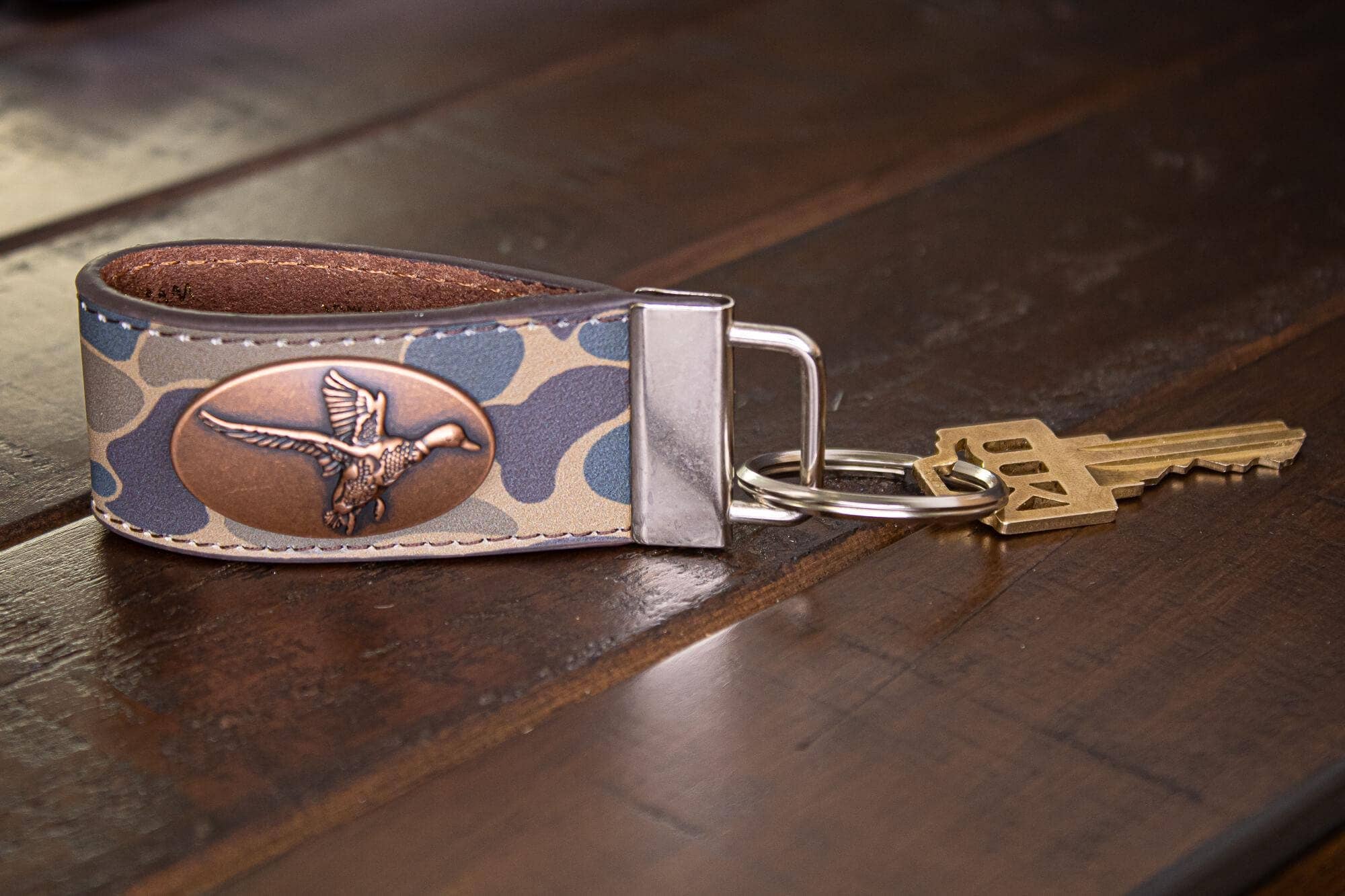 Mallard Hunting Old School Camo Leather Loop Keychain.