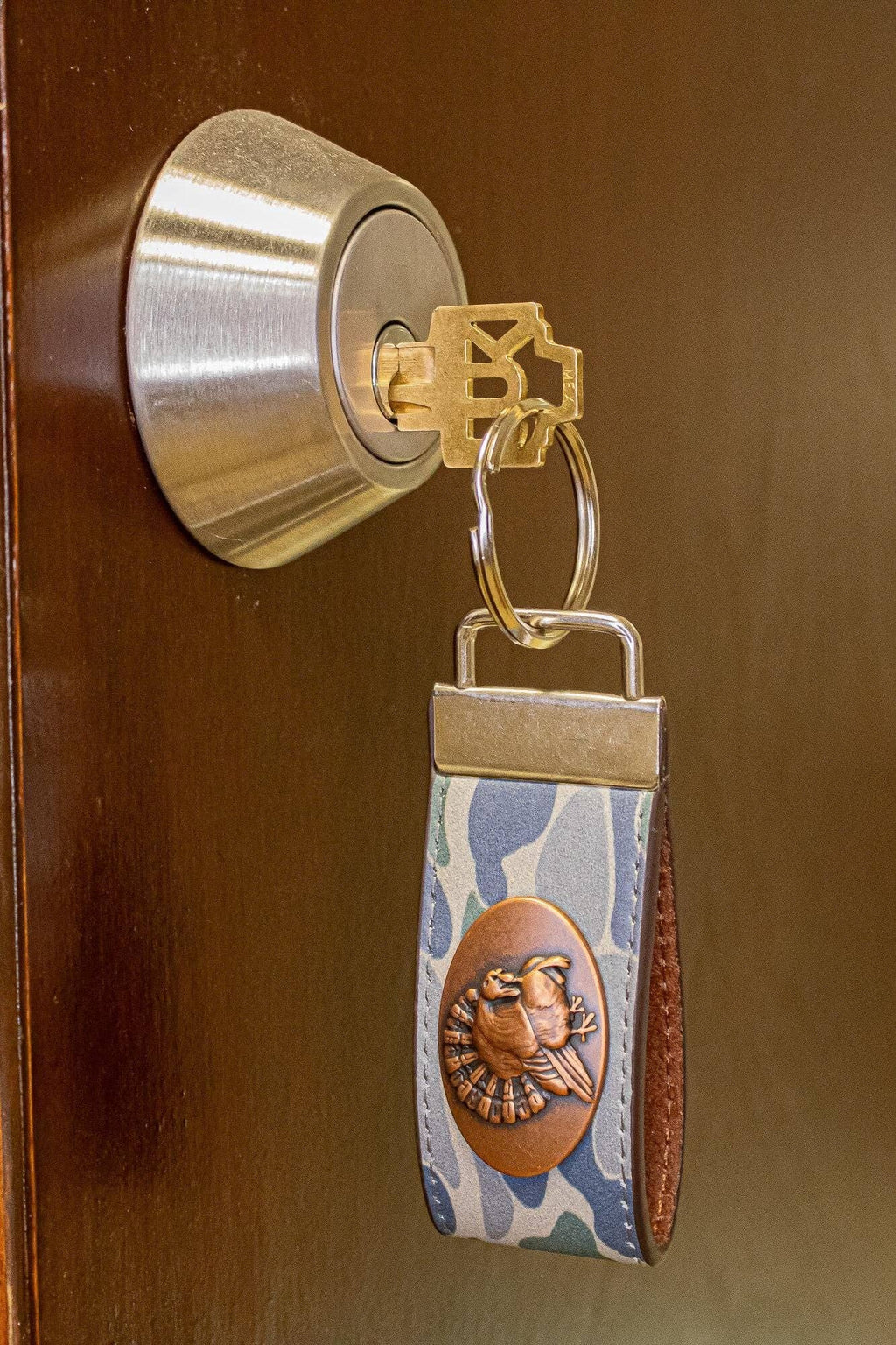 Turkey Hunting Old School Camo Leather Loop Keychain.