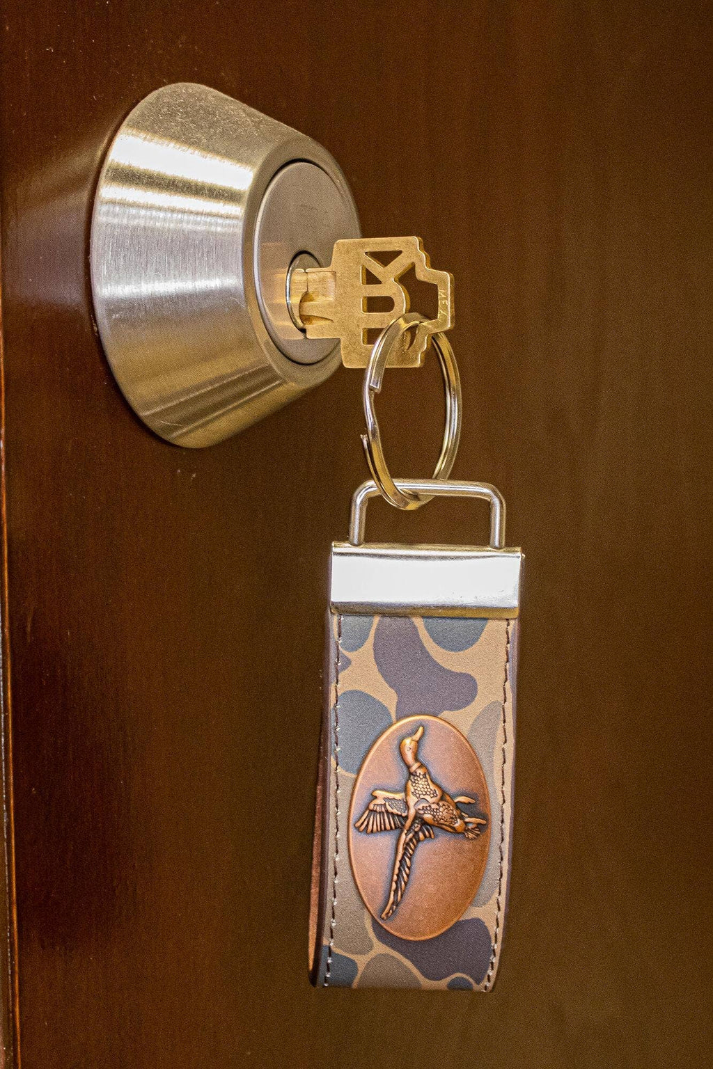 Mallard Hunting Old School Camo Leather Loop Keychain.