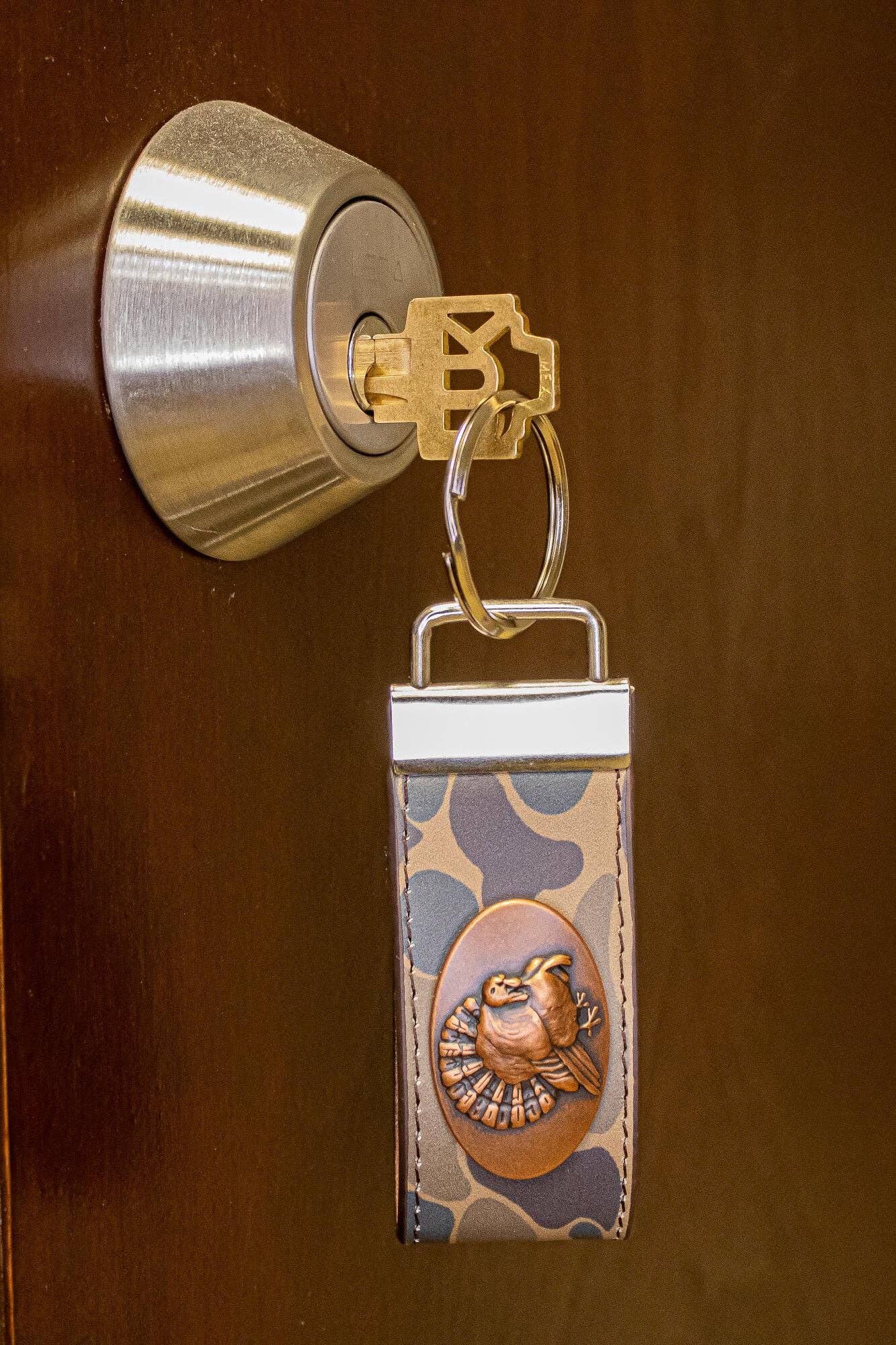 Turkey Hunting Old School Camo Leather Loop Keychain.