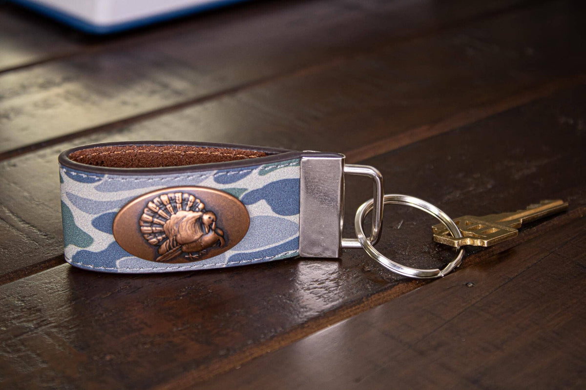 Turkey Hunting Old School Camo Leather Loop Keychain.