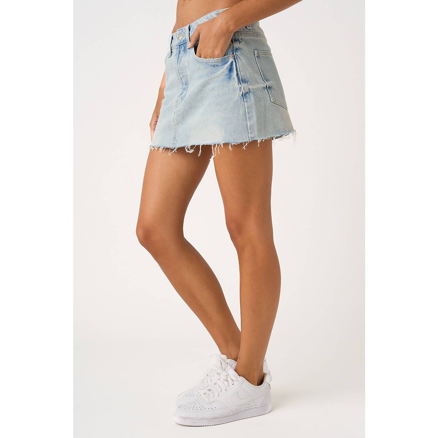 DISTRESSED HEM WASHED DENIM MINI SKORT WITH SHORTS