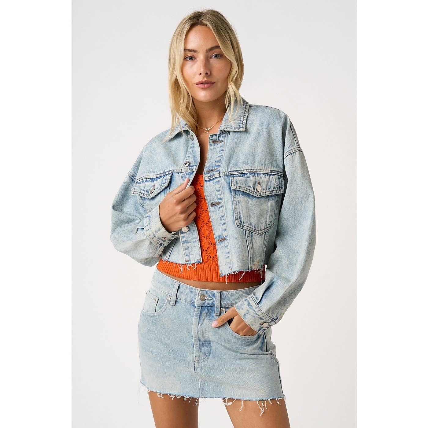 DISTRESSED HEM WASHED DENIM MINI SKORT WITH SHORTS