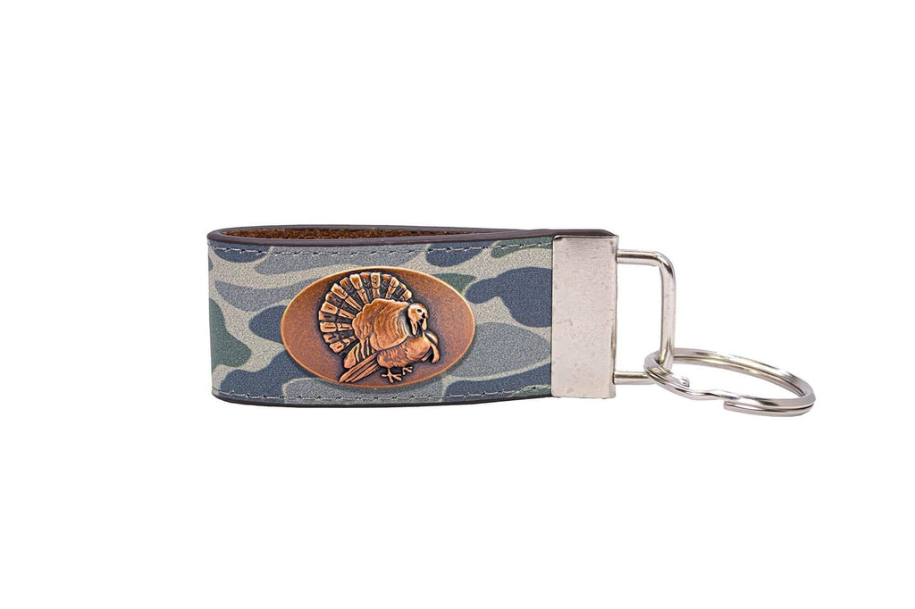 Turkey Hunting Old School Camo Leather Loop Keychain.