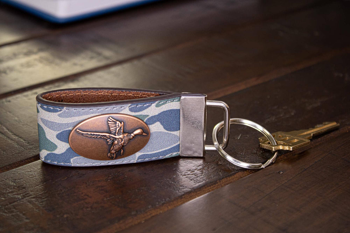 Mallard Hunting Old School Camo Leather Loop Keychain.