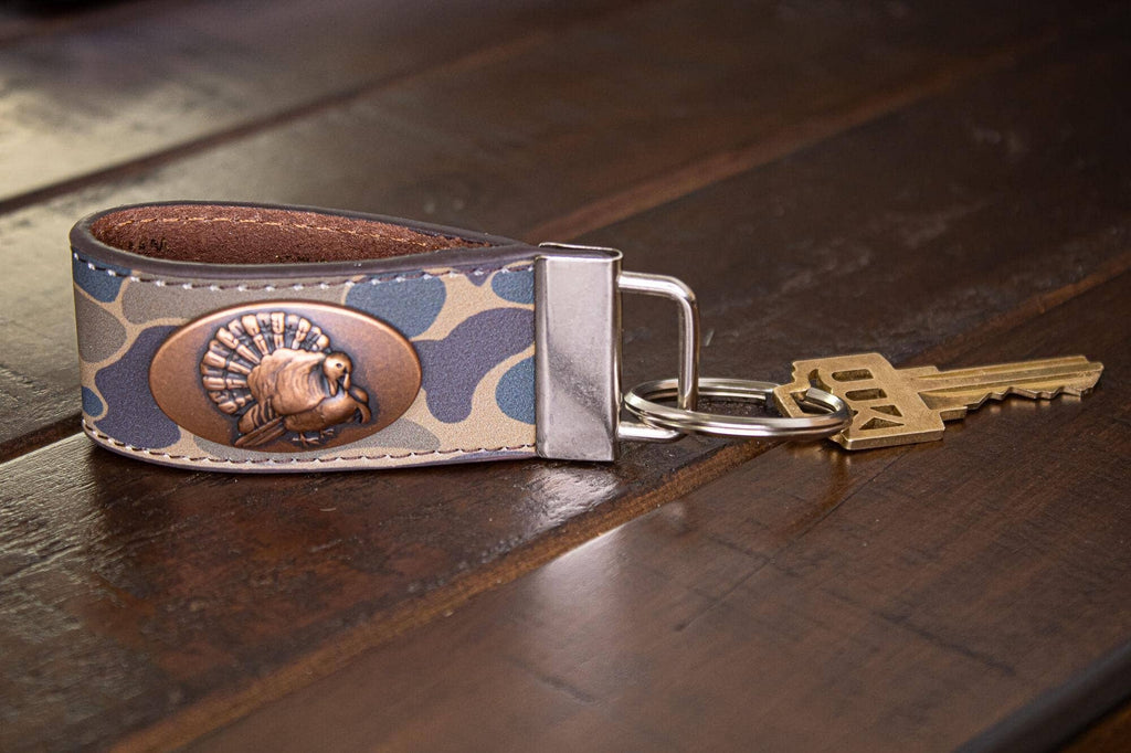 Turkey Hunting Old School Camo Leather Loop Keychain.