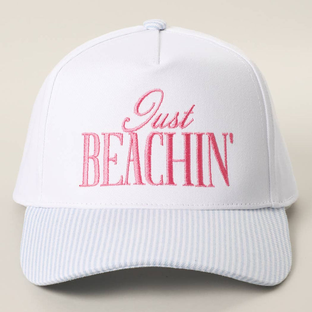 JUST BEACHIN' Embroidered Stripe Brim Trucker Hat