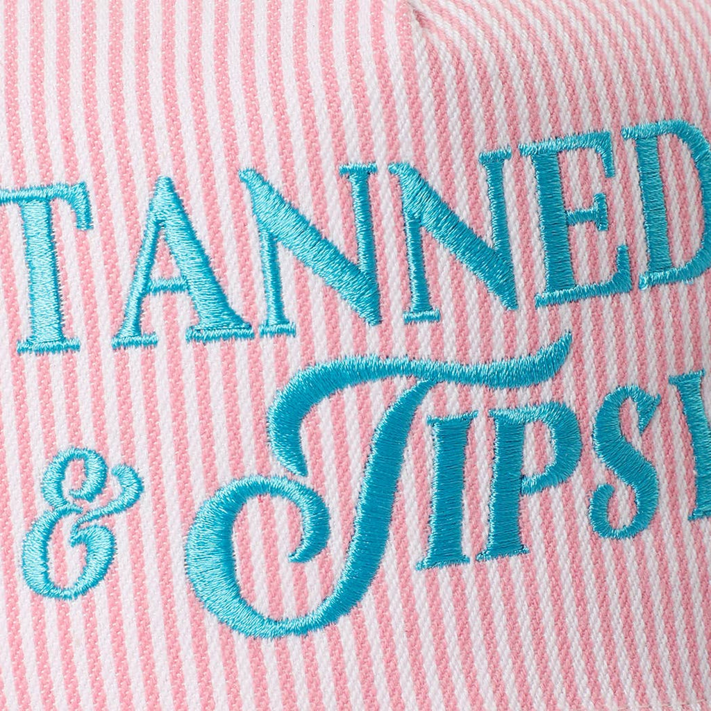 TANNED & TIPSY Embroidered Seersucker Stripe Trucker Hat