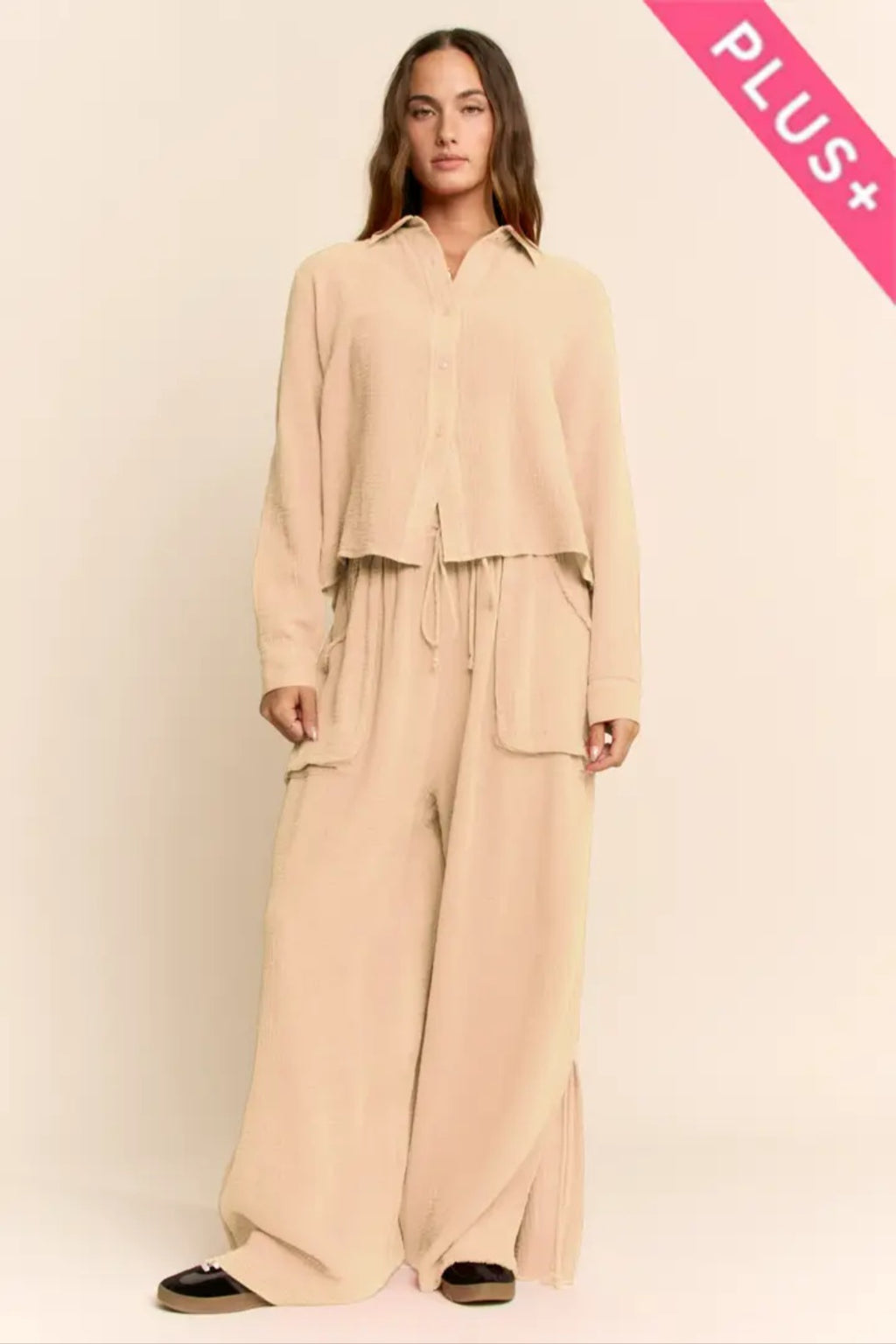 Linen Button Blouse & Cinched Leg Pant Set
