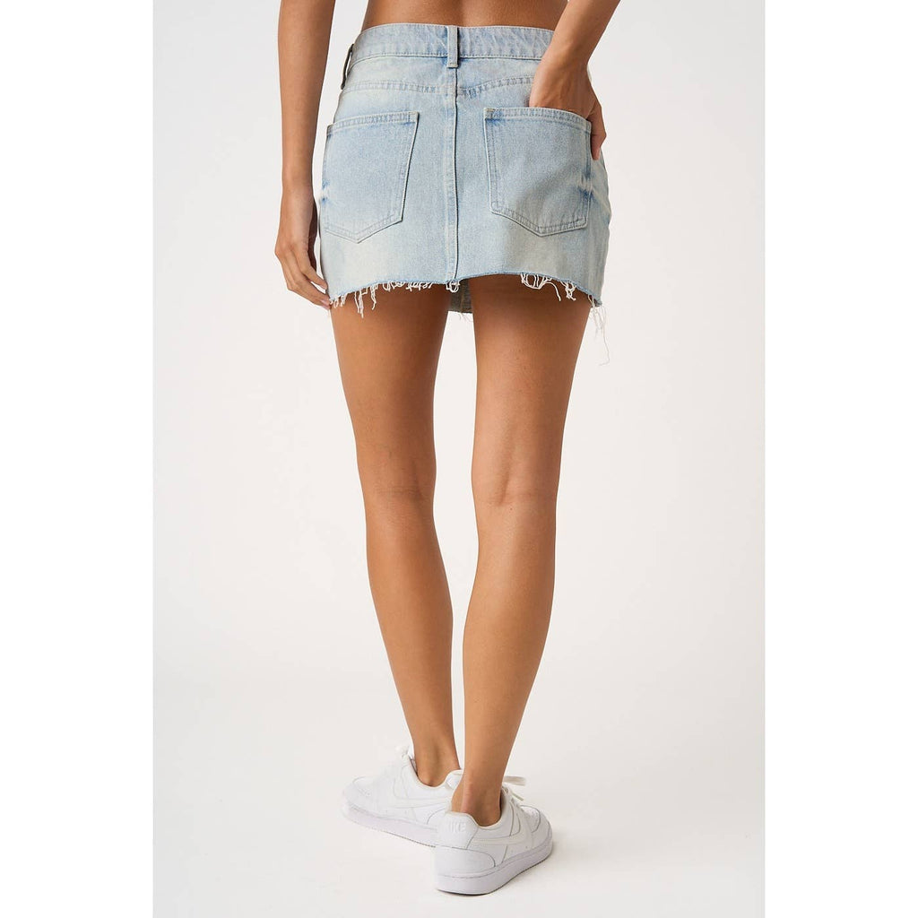 DISTRESSED HEM WASHED DENIM MINI SKORT WITH SHORTS