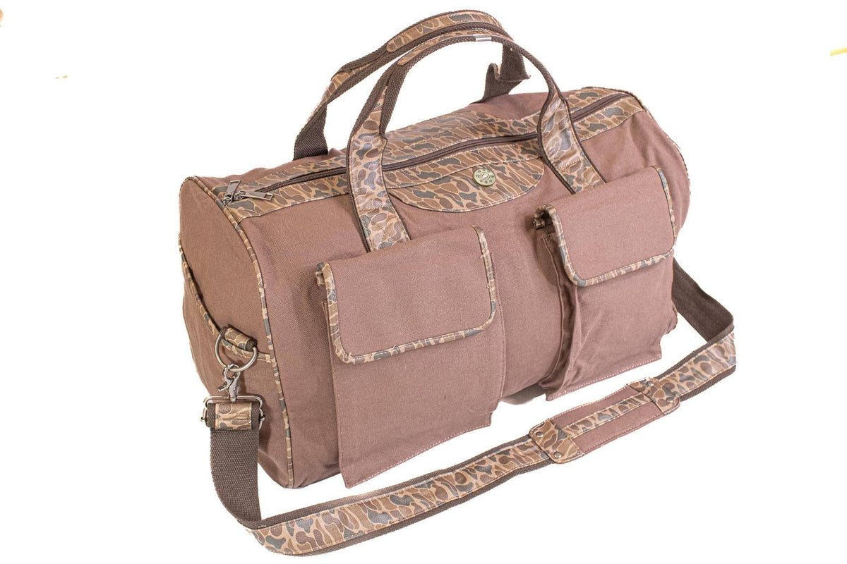 Shot Shell Brown Waxed Canvas Old School Camo Weekender Bag.