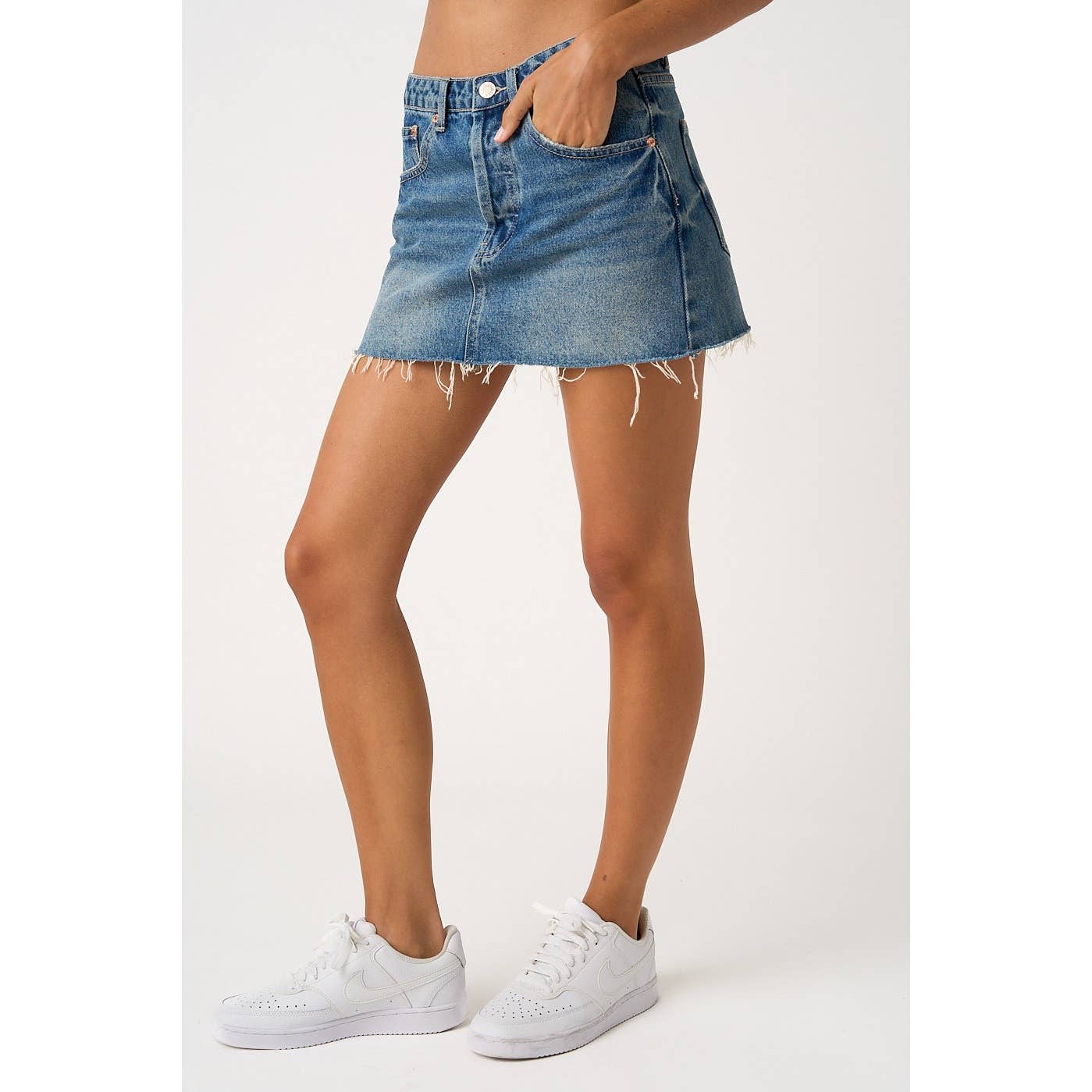 DISTRESSED HEM WASHED DENIM MINI SKORT WITH SHORTS