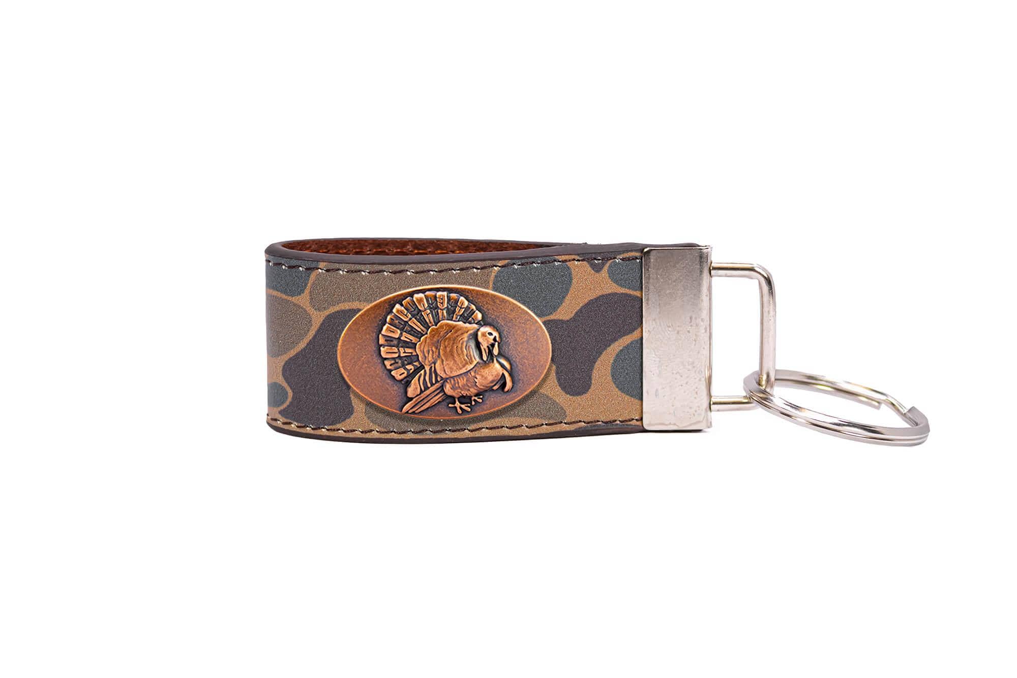 Turkey Hunting Old School Camo Leather Loop Keychain.