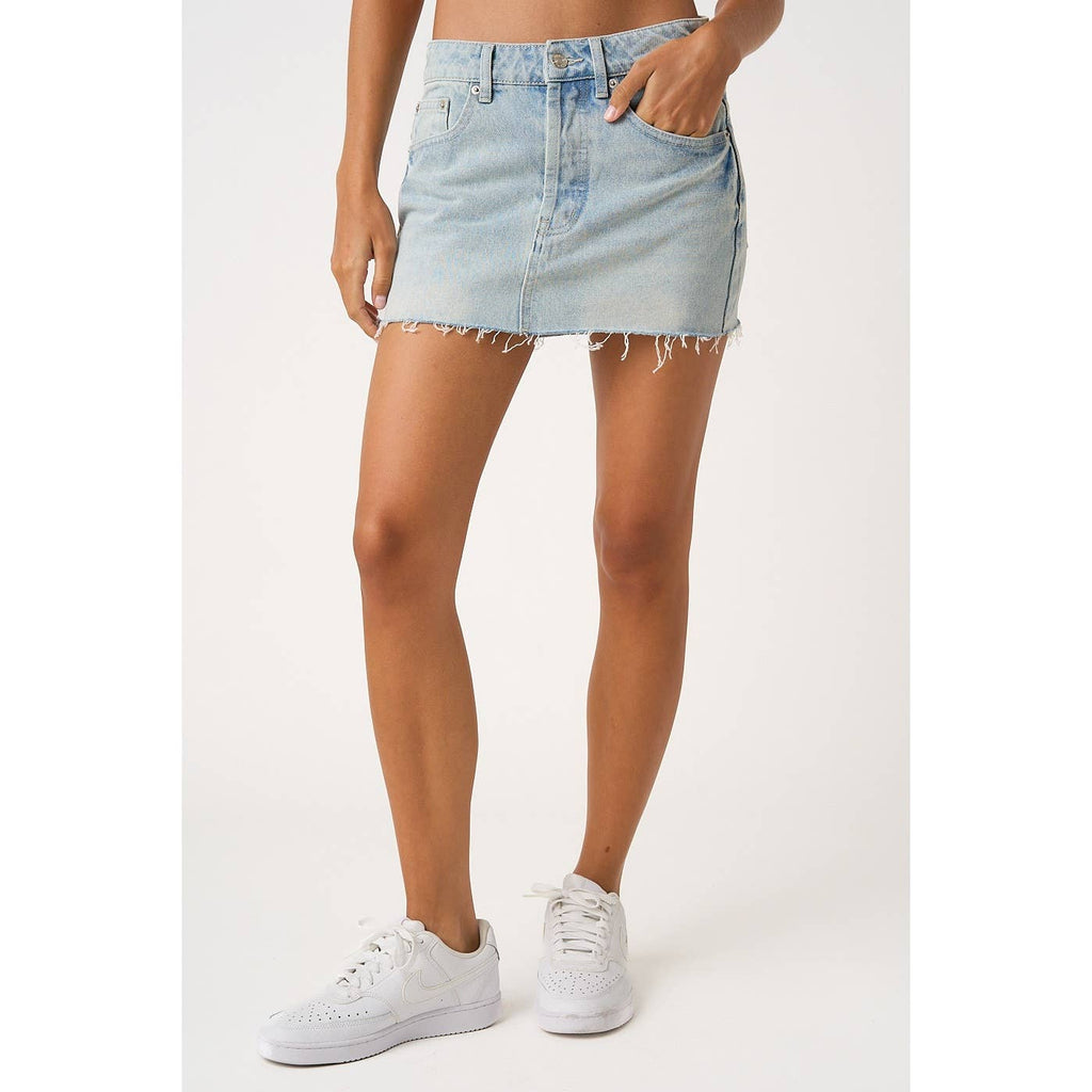 DISTRESSED HEM WASHED DENIM MINI SKORT WITH SHORTS