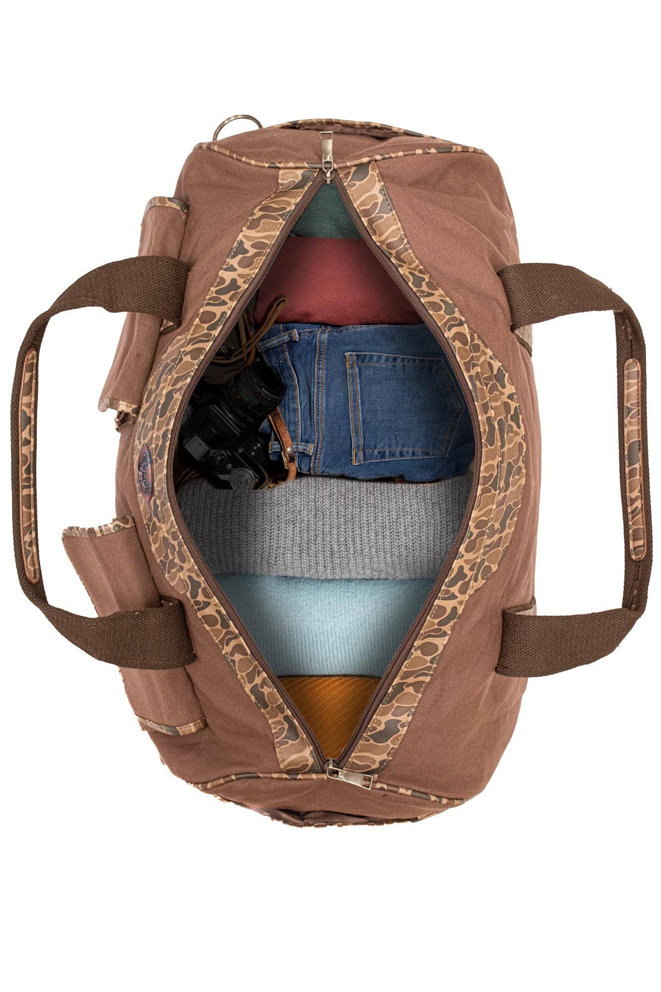 Mallard Brown Waxed Canvas Old School Camo Weekender Bag.