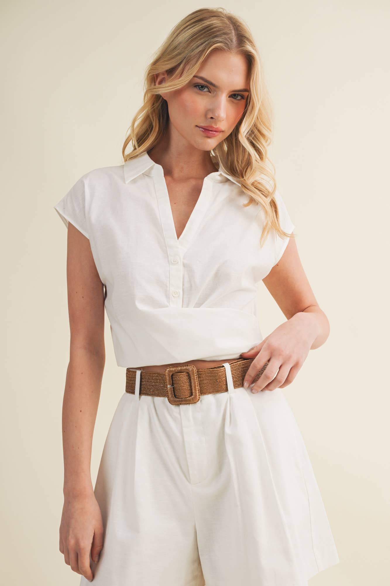 Collared V-Neck Folded Waist Top