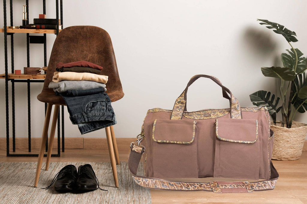 Mallard Brown Waxed Canvas Old School Camo Weekender Bag.