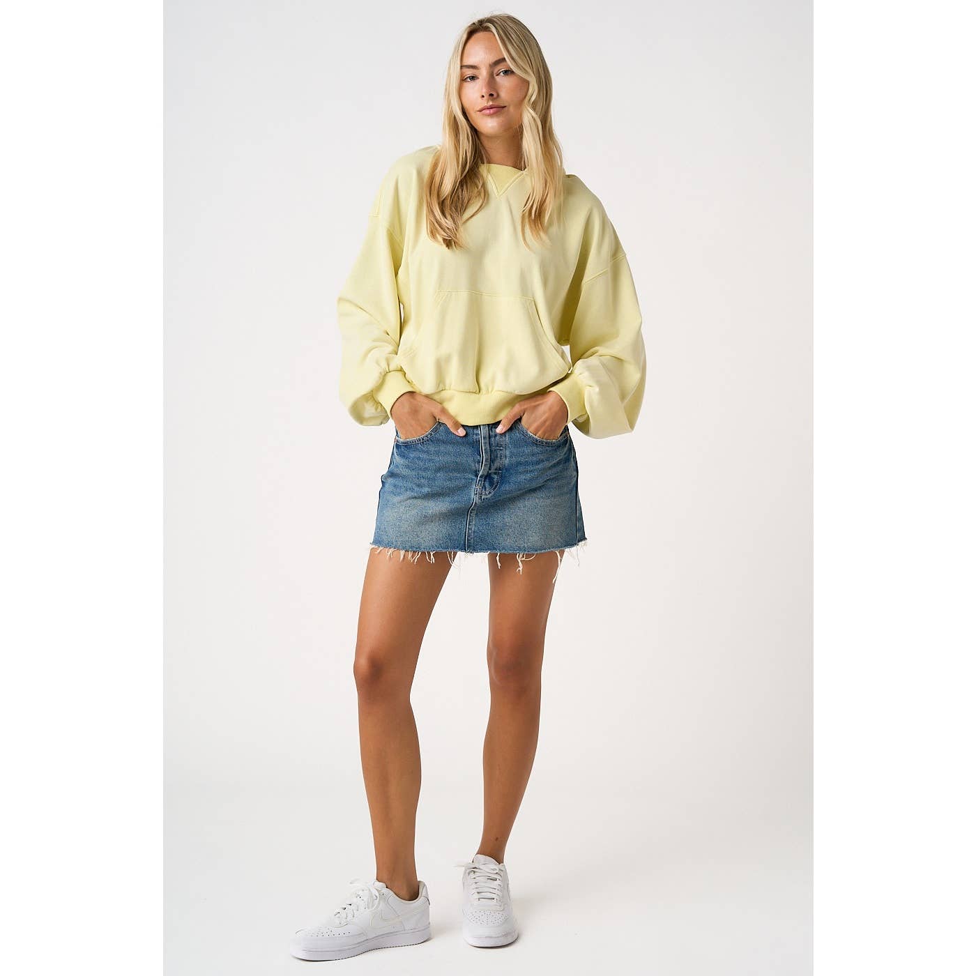 DISTRESSED HEM WASHED DENIM MINI SKORT WITH SHORTS