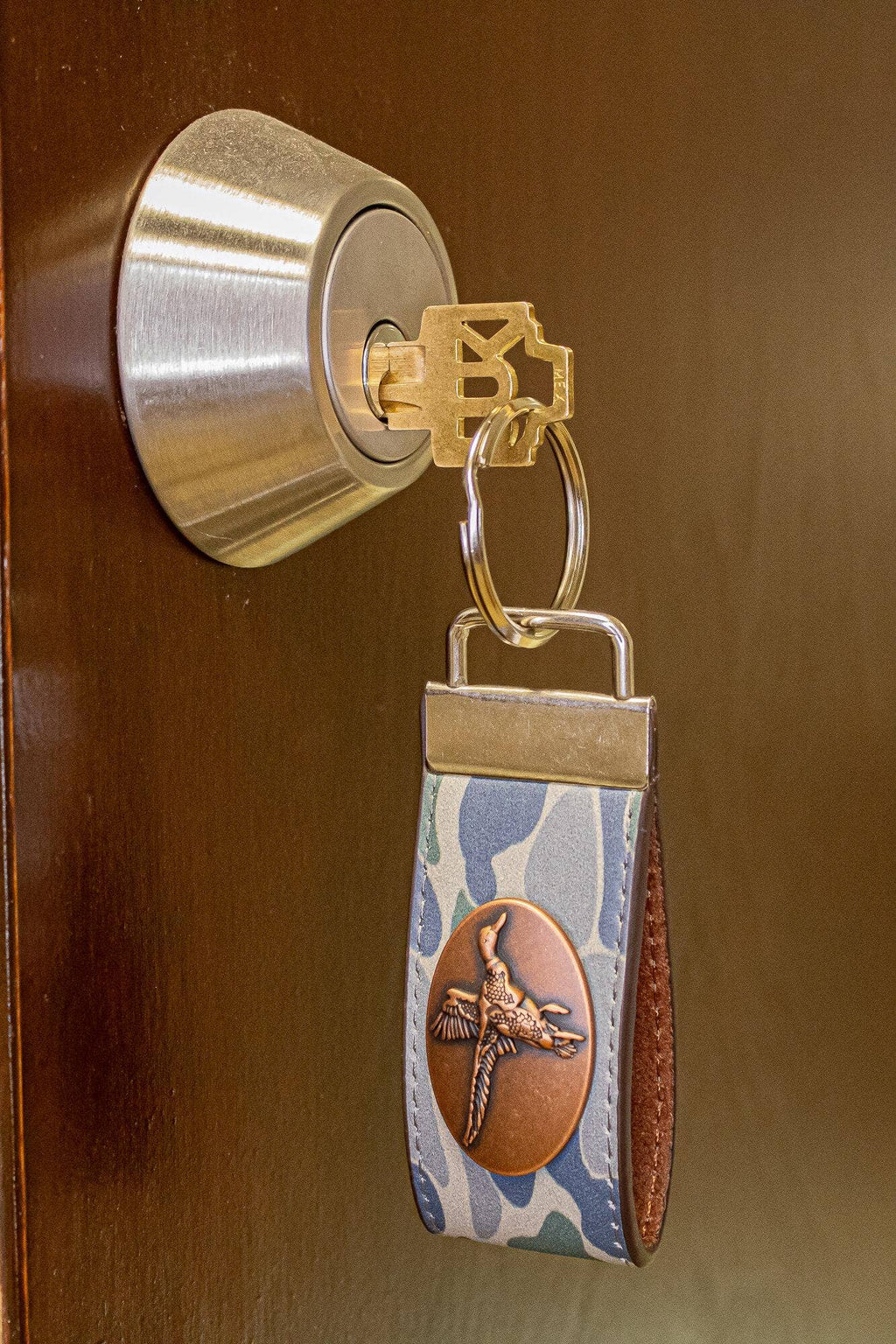 Mallard Hunting Old School Camo Leather Loop Keychain.